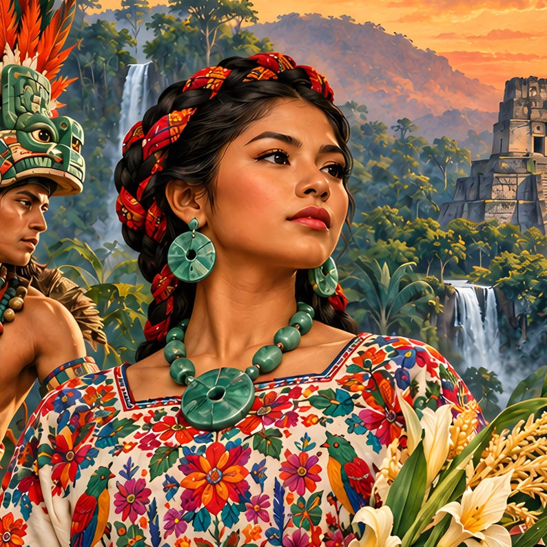 May include: A person wearing a white blouse with a vibrant floral and bird pattern, a large green stone beaded necklace, and matching circular green stone earrings. The hair is styled in a braided updo with a red and gold patterned fabric woven in.