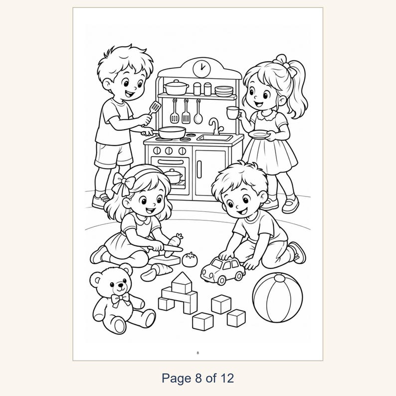 May include: A black and white coloring page illustration featuring four children playing with a toy kitchen, a teddy bear, building blocks, a toy car, and a ball. The page is labeled Page 8 of 12 at the bottom, showing a scene of children engaged in various play activities.