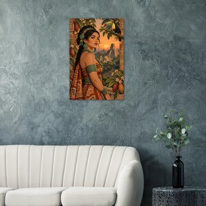 Mayan woman with a toucan and jungle pyramid at sunset, matte poster. A rectangular wall art print featuring a person with dark hair adorned with green jewellery, wearing a patterned brown garment.