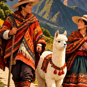 May include: A painting of two individuals wearing wide-brimmed hats and patterned ponchos in shades of red, orange, and brown. A white llama with a decorative harness stands between them against a backdrop of green mountains and trees.