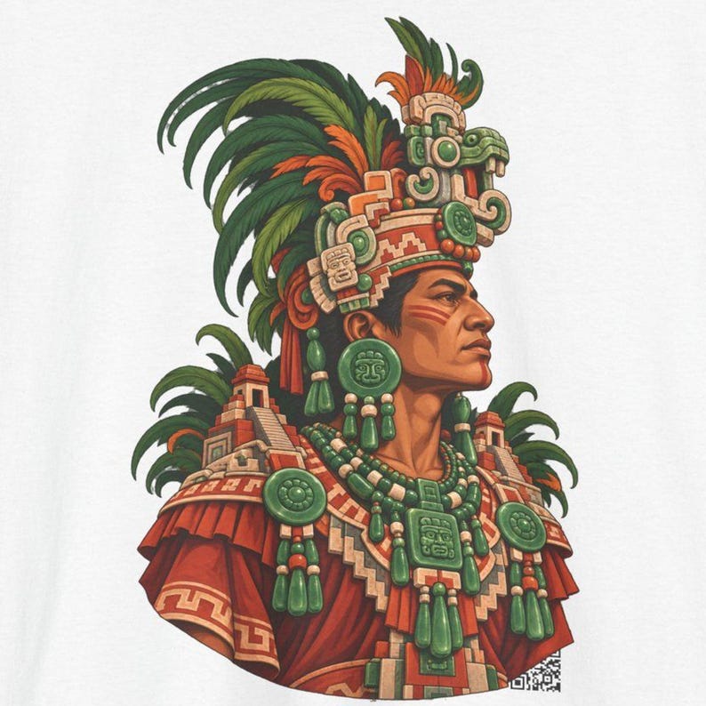 Mayan king t-shirt, Maya noble in a jade headdress beside a stepped pyramid, front print of the t-shirt.