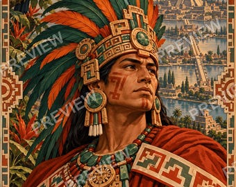 Do druku sztuka ścienna z wojownikiem azteckim, tukanem i miastem Tenochtitlan do pobrania w wersji cyfrowej, grafika aztecka, dekoracje z meksykańskiego dziedzictwa, sztuka ścienna Chicano