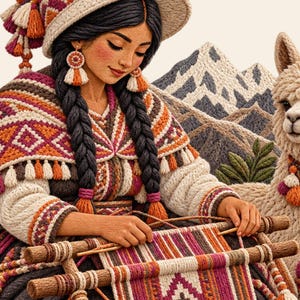 Peut inclure: Une personne aux cheveux noirs tress&eacute;s porte un chapeau et un ch&acirc;le en tricot &agrave; motifs g&eacute;om&eacute;triques orange, roses et blancs. Elle tisse un textile ray&eacute; sur un m&eacute;tier &agrave; tisser en bois. Un lama blanc se tient pr&egrave;s d'un d&eacute;cor de montagnes.