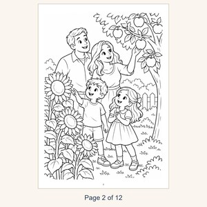 May include: A black and white coloring page illustration featuring a family of four standing in a garden. The scene includes a tall apple tree with fruit, large sunflowers, and a picket fence. The text Page 2 of 12 is printed at the bottom.