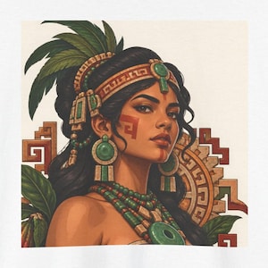 Mayan woman portrait shirt, Square portrait of a Maya woman with a jade headband and jade earrings, front print of the t-shirt.