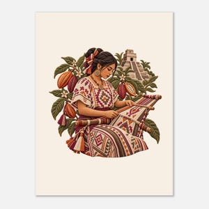 Mayan woman weaving on a backstrap loom by a pyramid, folk art poster. An illustration of a person with dark hair in a bun wearing a patterned white blouse and skirt, weaving on a wooden loom.