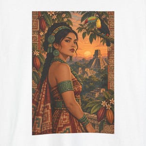 Mayan woman t-shirt, Maya woman with a toucan before a pyramid at sunset, front print of the t-shirt. A white t-shirt featuring a graphic print of a person with dark hair wearing green jewellery and a patterned garment.