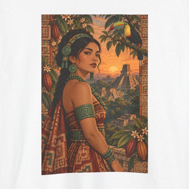 Mayan woman t-shirt, Maya woman with a toucan before a pyramid at sunset, front print of the t-shirt. A white t-shirt featuring a graphic print of a person with dark hair wearing green jewellery and a patterned garment.