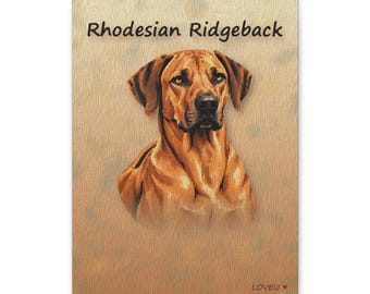May include: A rectangular wall art print featuring a portrait of a brown Rhodesian Ridgeback dog. The text Rhodesian Ridgeback is printed in black at the top, and the word LOVEU with a small red heart icon is printed in the bottom right corner.