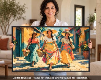 Printable Mexican Flower Sellers Wall Art, Oil Painting Style Digital Download, Women in Teal and Golden Skirts on a Colonial Street