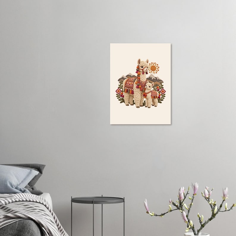 Mama Llama and Baby Poster, Peruvian Folk Art Print, Andes Nursery Wall Decor image 4