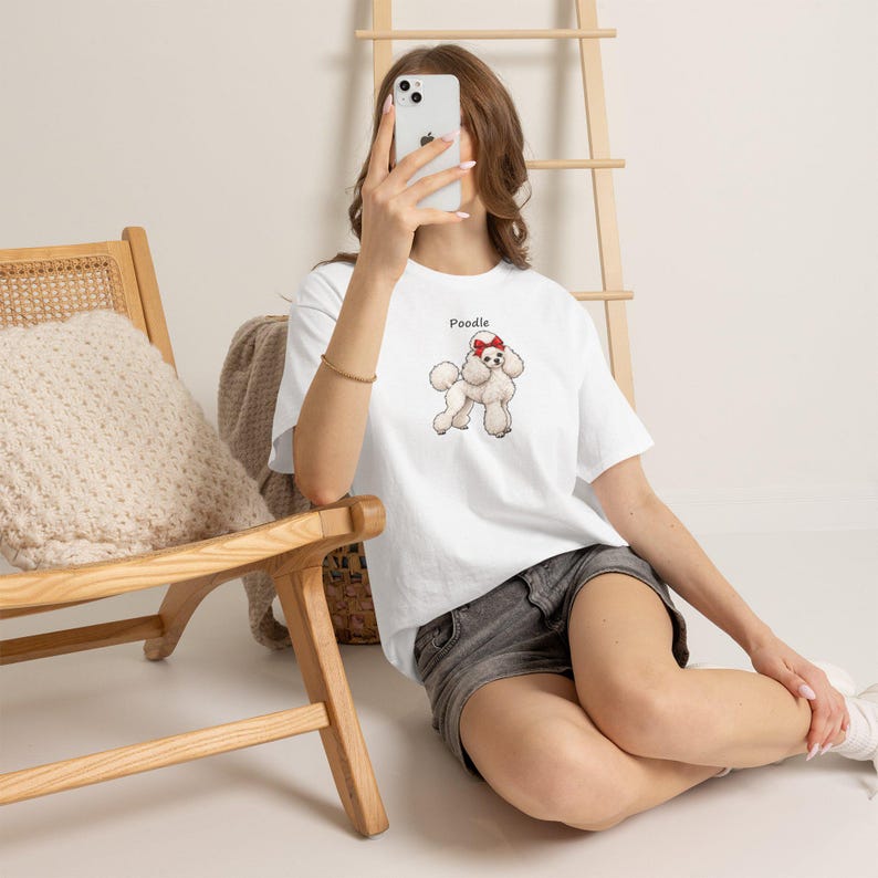 Realistic Poodle Mom T-Shirt, Show-Cut Poodle with Red Bow, Cotton Tee image 3