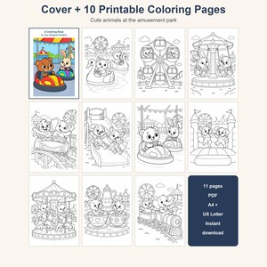 Kids Coloring Book Printable, Cute Animals at the Amusement Park Coloring Pages, 10 Page PDF for Children, Instant Download Kids Activity image 2