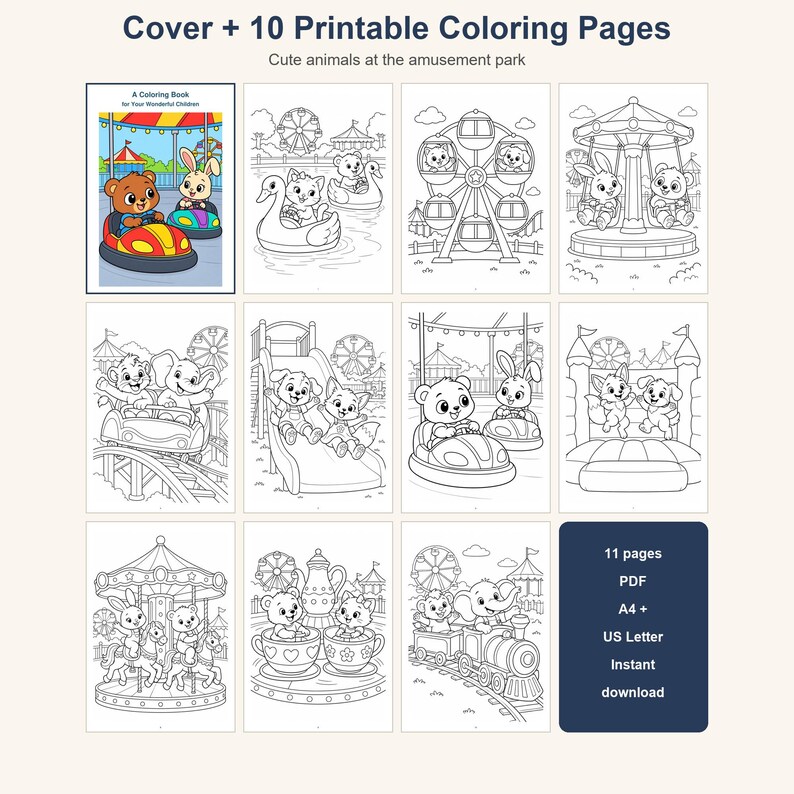Kids Coloring Book Printable, Cute Animals at the Amusement Park Coloring Pages, 10 Page PDF for Children, Instant Download Kids Activity image 2