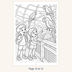 May include: A black and white coloring page featuring a boy and a girl standing on a wooden walkway, looking at three parrots perched on branches inside a large aviary. The page is labeled with the text Page 10 of 12 at the bottom.