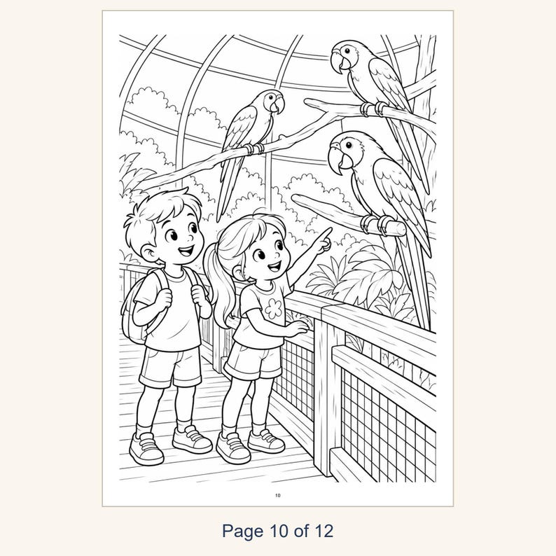 May include: A black and white coloring page featuring a boy and a girl standing on a wooden walkway, looking at three parrots perched on branches inside a large aviary. The page is labeled with the text Page 10 of 12 at the bottom.