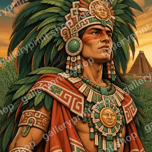 Druckbare Aztekenkrieger-Kunst, Digitaler Download eines grünen Federkopfschmucks, Azteken-Wandkunst, Mexikanisches Kulturerbe-Kunstdruck, Chicano-Wanddeko für ihn