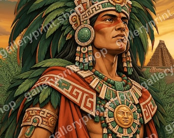 Printable Aztec Warrior Art, Green Feather Headdress Digital Download, Aztec Wall Art, Mexican Heritage Print, Chicano Wall Decor for Him