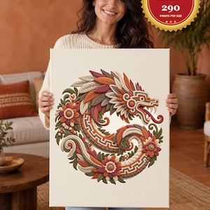Quetzalcoatl Feathered Serpent Canvas Wall Art, Kukulkan Coiled with Flowers, Embroidered Look Aztec and Mayan Art, Mexican Decor