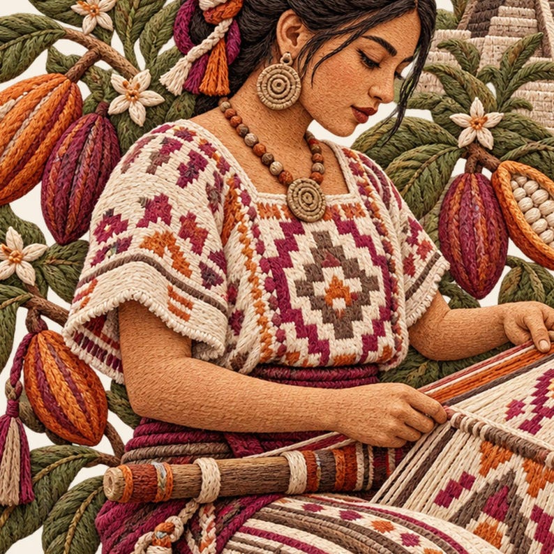 Mexican folk art, Mayan woman weaving on a backstrap loom by a pyramid, folk art poster.