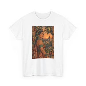 Mayan Woman T-Shirt with Toucan and Sunset Pyramid, Latina Graphic Tee for Women, Guatemala Mexico Art Shirt, Tropical Bird Heritage Gift image 2