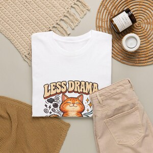 Less Drama More Karma Cat T-Shirt, Orange Cat Meditation Graphic Tee, Funny Yoga Cat Shirt, Cat Mom Gift, Zen Vibes Tee image 5