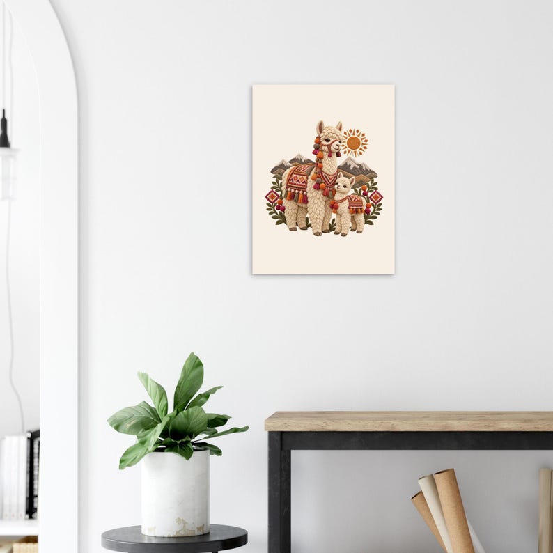 Mama Llama and Baby Poster, Peruvian Folk Art Print, Andes Nursery Wall Decor image 7