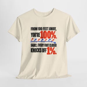 May include: A cream-colored short-sleeve t-shirt featuring black text that reads: FROM 100 FEET AWAY, YOU'RE 100%. SADLY, EVERY FOOT CLOSER KNOCKS OFF 1%. A blue line with red and blue shoe print icons illustrates a downward trend.