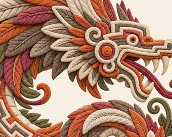 May include: A detailed embroidery art piece depicting a dragon head and coiled body. The design features layered feather-like textures in shades of orange, red, cream, and olive green, with geometric patterns along the dragon's body and sharp teeth.