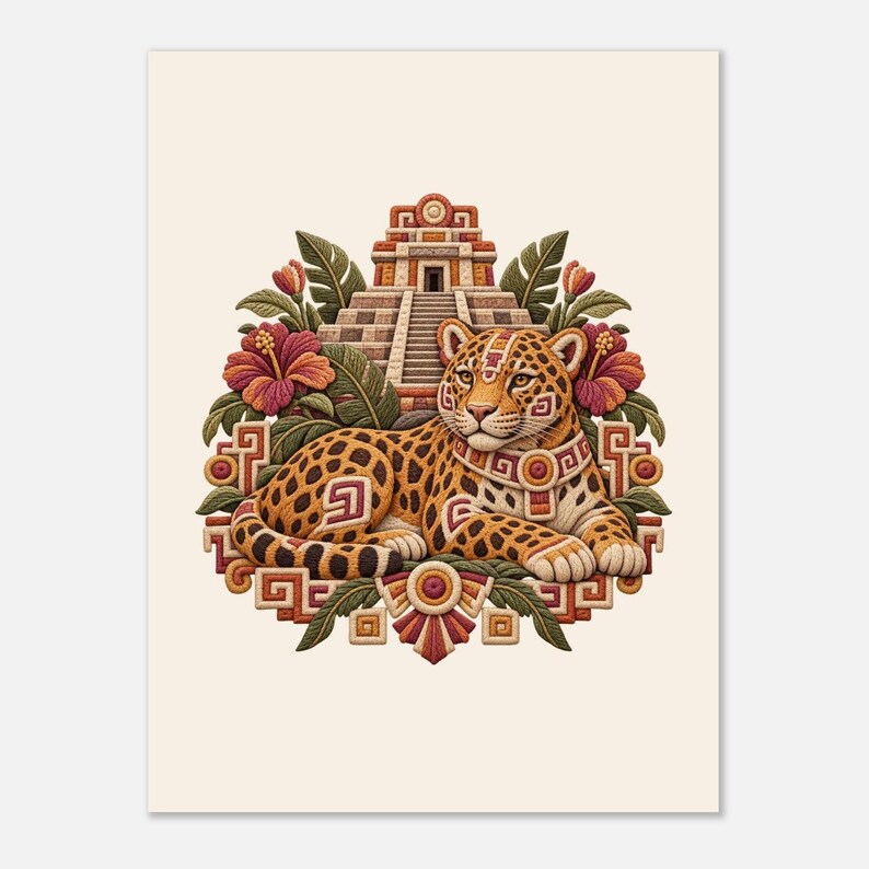 Jaguar and Mayan Pyramid Poster, Mexican Folk Art Print, Jungle Wall Decor image 6