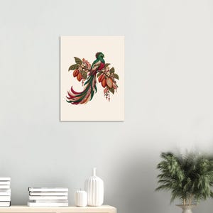 Resplendent Quetzal Poster, Guatemala Folk Art Print, Bird and Cacao Wall Decor image 3