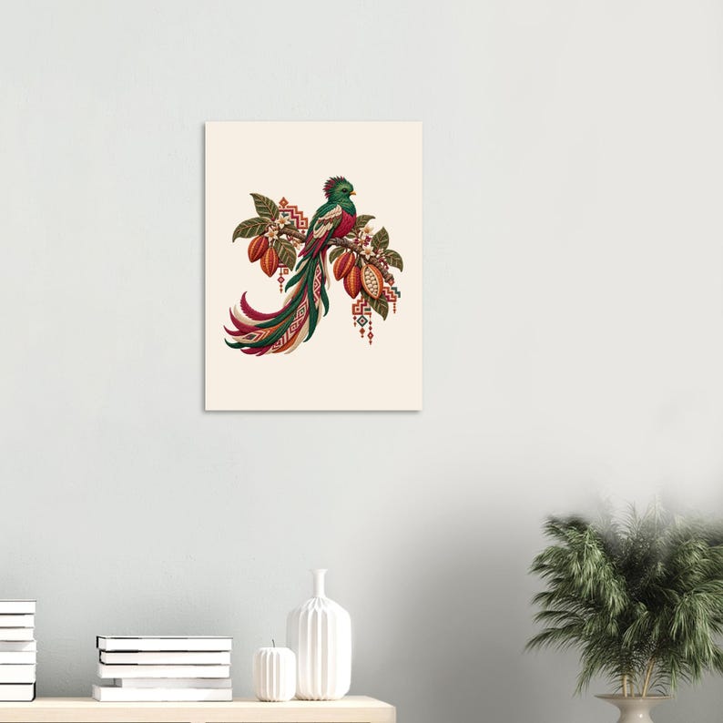Resplendent Quetzal Poster, Guatemala Folk Art Print, Bird and Cacao Wall Decor image 3