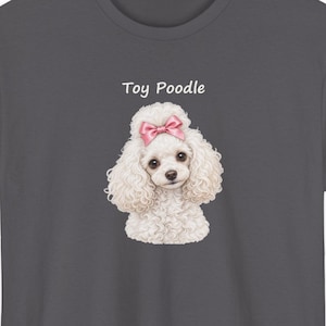 Realistic White Toy Poodle with Pink Bow T-Shirt, Dark Dog Lover Gift image 1