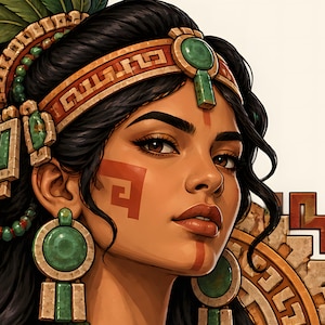 Mexican wall art, Mayan woman portrait with jade earrings and red face paint, square poster. A portrait of a person with dark hair wearing an ornate headpiece and large circular earrings featuring green stone inlays.
