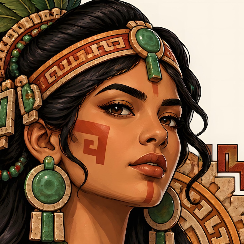 Mexican wall art, Mayan woman portrait with jade earrings and red face paint, square poster. A portrait of a person with dark hair wearing an ornate headpiece and large circular earrings featuring green stone inlays.