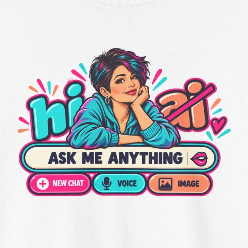 Funny Anti AI Chat Shirt, Neon Pop Art Tee, Retro Gift for Her image 1