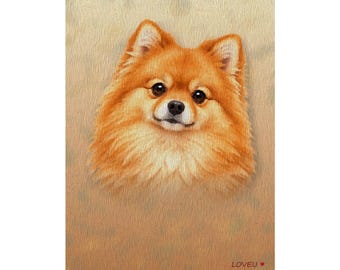 May include: A vertical rectangular wall art print featuring a detailed oil painting style portrait of a fluffy orange Pomeranian dog. The dog has dark eyes and a black nose, set against a textured beige background with the text LOVEU and a red heart.
