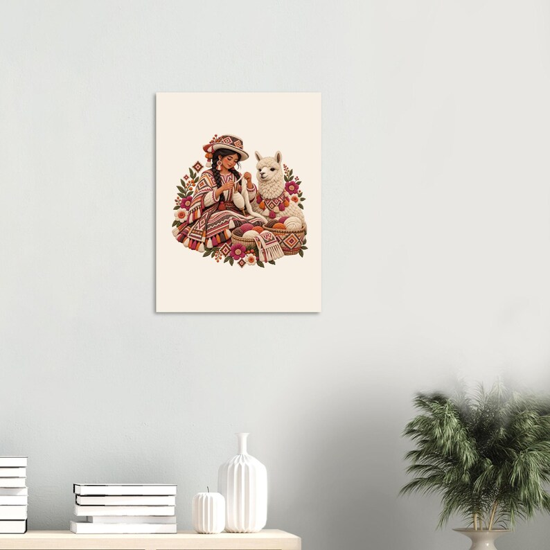 Andean spinner with alpaca and yarn baskets, folk art poster. A wall art print featuring an illustration of a person wearing a patterned hat and poncho, knitting with white yarn.