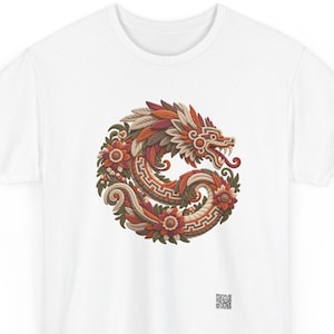 Quetzalcoatl shirt, Quetzalcoatl feathered serpent coiled in a folk art medallion, front print of the t-shirt.