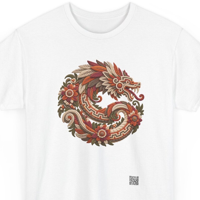 Quetzalcoatl shirt, Quetzalcoatl feathered serpent coiled in a folk art medallion, front print of the t-shirt.