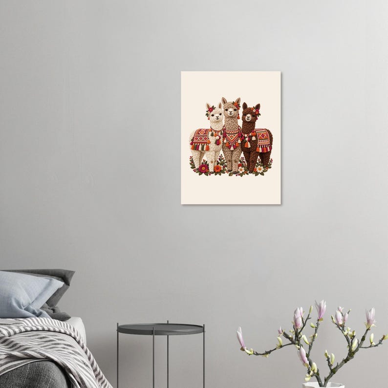 Three Alpacas Poster, Peruvian Folk Art Print, Llama Lover Gift, Andean Wall Decor image 2