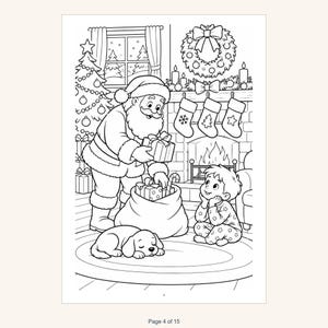 May include: A black and white coloring page illustration featuring Santa Claus holding a gift near a fireplace, a child sitting on a rug, a sleeping puppy, a decorated Christmas tree, stockings, and a wreath. The number 4 is at the bottom.