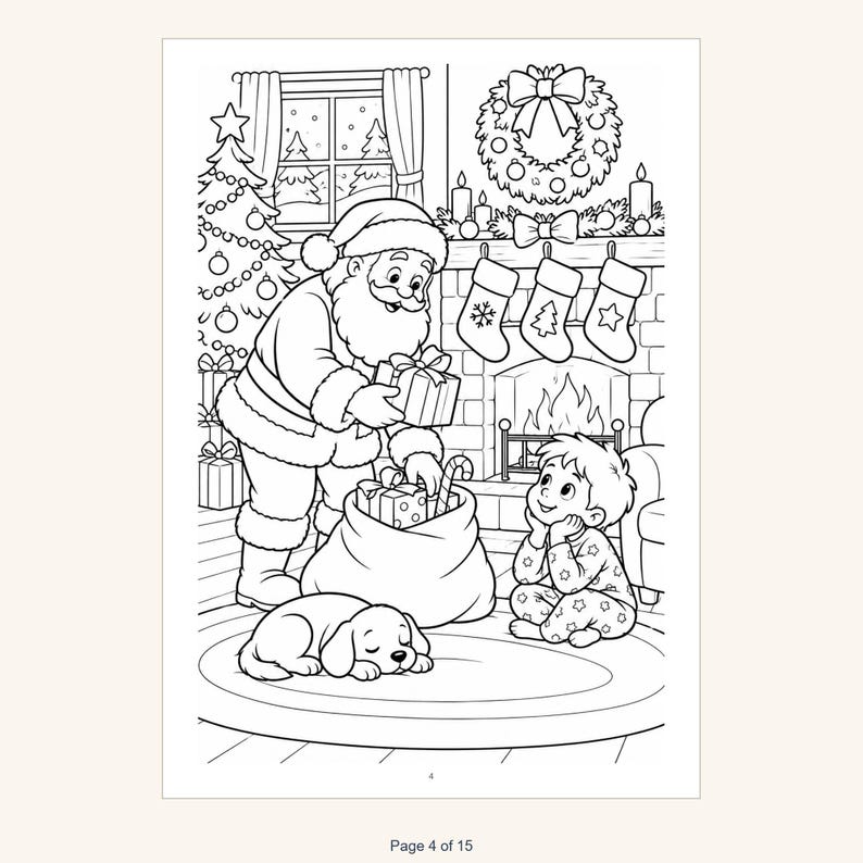 May include: A black and white coloring page illustration featuring Santa Claus holding a gift near a fireplace, a child sitting on a rug, a sleeping puppy, a decorated Christmas tree, stockings, and a wreath. The number 4 is at the bottom.
