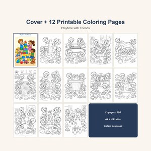 May include: A set of 13 printable coloring pages titled Playtime with Friends, featuring a colored cover and 12 black and white line art illustrations of children playing with toys, blocks, and games. Includes A4 and US Letter PDF formats.