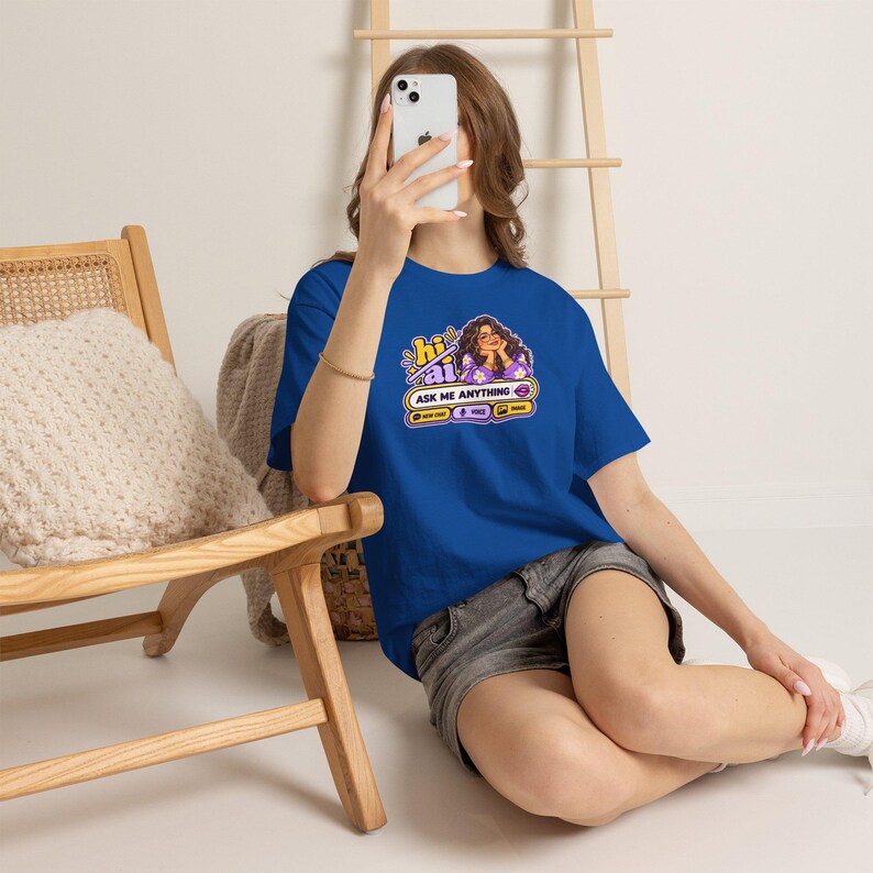 Funny AI Robot Chat T-Shirt, Curly Hair Woman, Purple Chat Box (100% Cotton) image 9