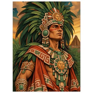 Aztec warrior with green feather headdress, matte poster.