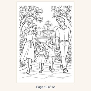 May include: A black and white coloring page illustration featuring a family of four walking together on a stone path in a garden. The scene includes a central fountain, blooming trees, and the text Page 10 of 12 at the bottom.