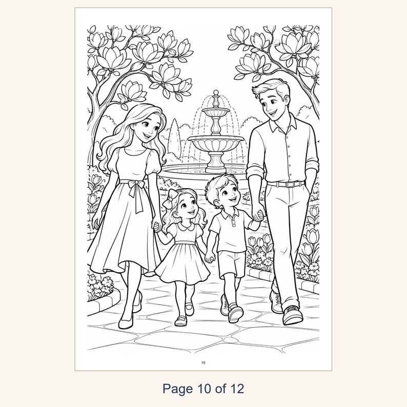 May include: A black and white coloring page illustration featuring a family of four walking together on a stone path in a garden. The scene includes a central fountain, blooming trees, and the text Page 10 of 12 at the bottom.