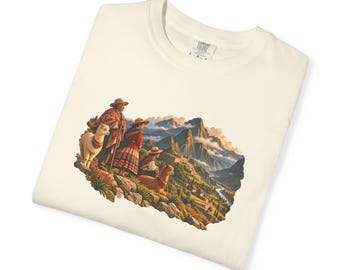 Camiseta Andean Family Comfort Colors, camiseta con paisaje de llamas y alpacas de Perú, camiseta de tejido grueso teñida en prenda, regalo peruano para abuelos.
