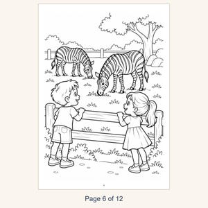 May include: A black and white coloring page illustration featuring two zebras grazing in a grassy field behind a wooden fence, while a young child in a t-shirt and shorts and another child in a dress watch them from the other side.